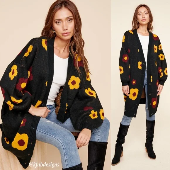 LAST ONE! Very Oversized Balloon Sleeve Floral Button Front Sweater Cardigan - Picture 2 of 6